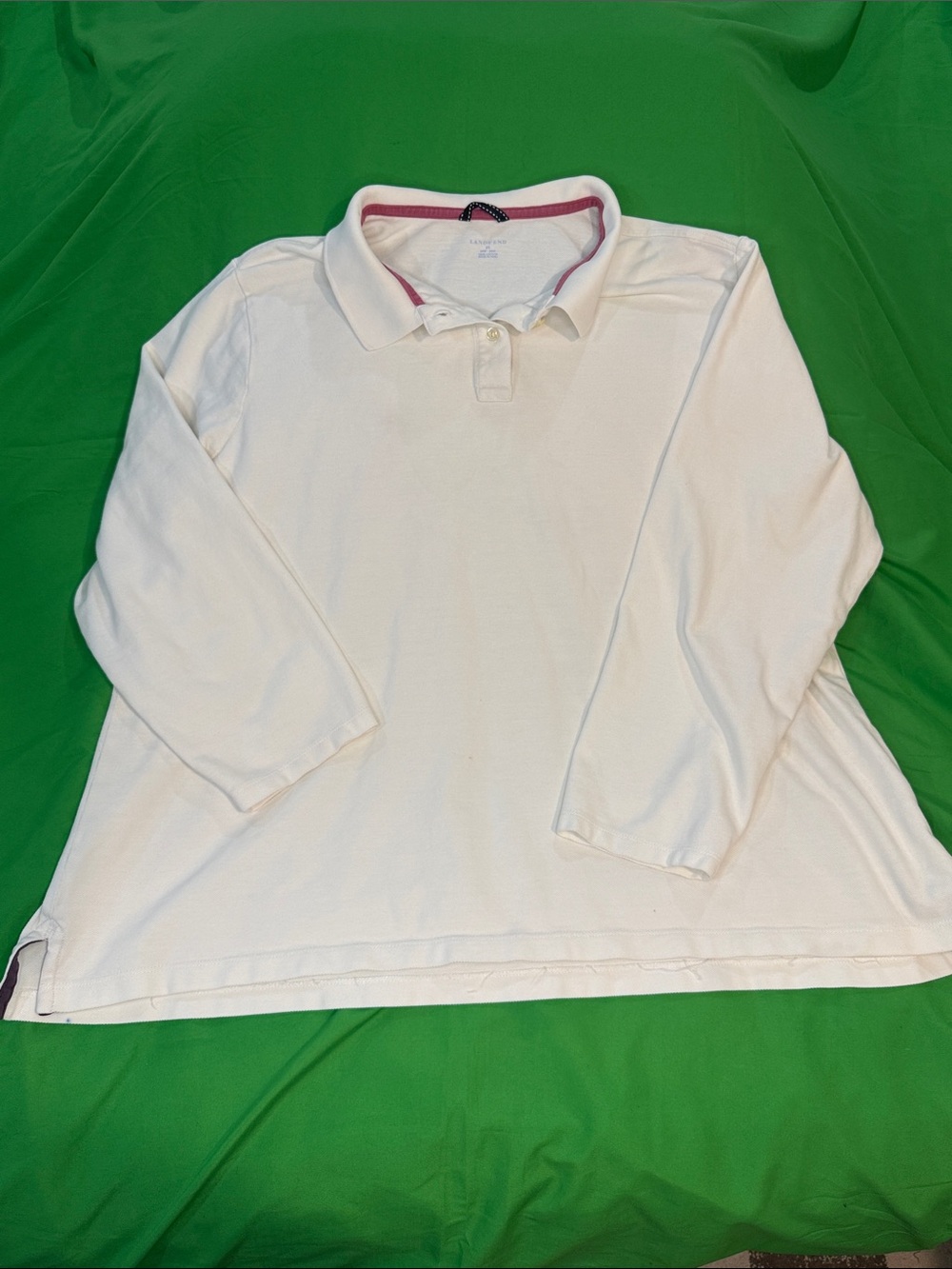 Lands' End White Long Sleeve Polo with Pink Trim